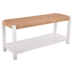 Kirklands Home White Newport Wood and Rattan Bench with Shelf Brown Discount