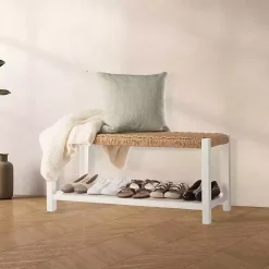 Kirklands Home White Newport Wood and Rattan Bench with Shelf Brown Discount