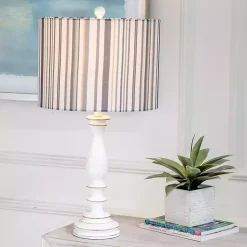 Kirklands Home White Resin Table Lamp with Blue Stripe Shade Outlet