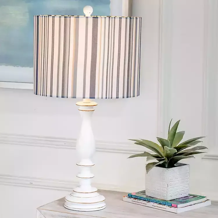 Kirklands Home White Resin Table Lamp with Blue Stripe Shade Outlet
