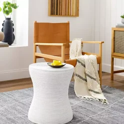 Kirklands Home Ribbed Rattan Round Accent Table White New