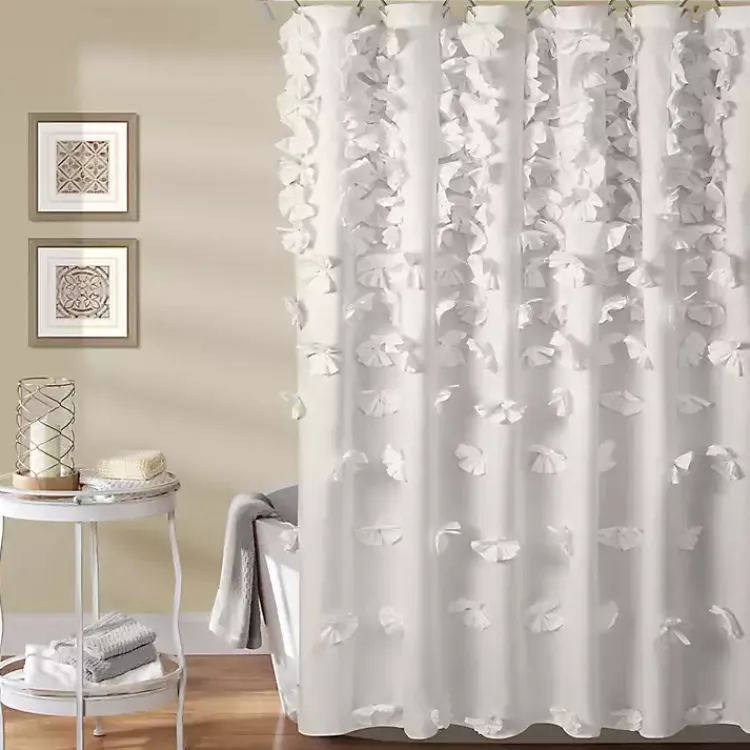 Kirklands Home Riley Cascading Bows Shower Curtain White New