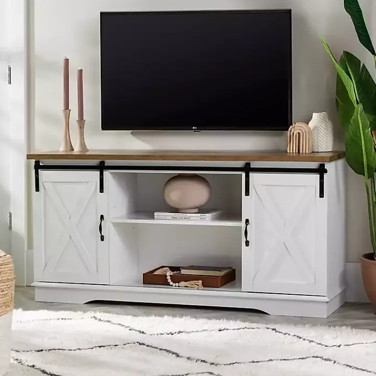 Kirklands Home Sliding Door Rustic Oak Top TV Stand White Sale