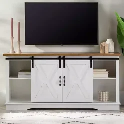 Kirklands Home Sliding Door Rustic Oak Top TV Stand White Sale