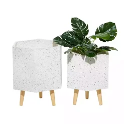 Kirklands Home Speckled Planters with Wooden Legs, Set of 2 White New