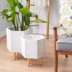 Kirklands Home Speckled Planters with Wooden Legs, Set of 2 White New