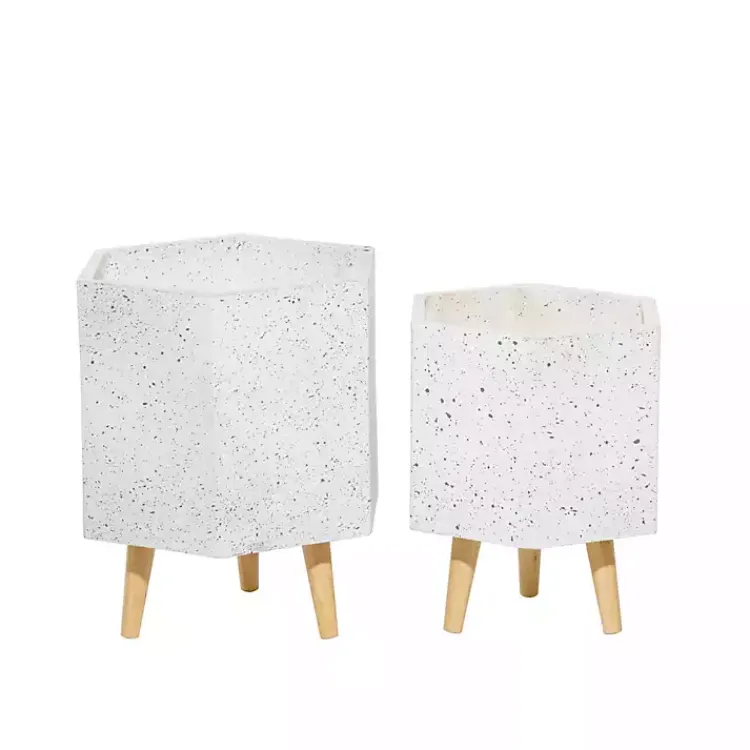 Kirklands Home Speckled Planters with Wooden Legs, Set of 2 White New