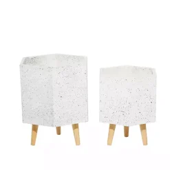 Kirklands Home Speckled Planters with Wooden Legs, Set of 2 White New