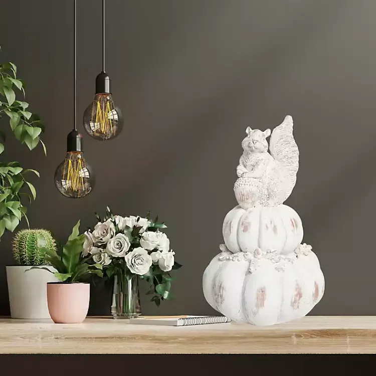 Fall>Kirklands Home Squirrel and Pumpkin Statue White