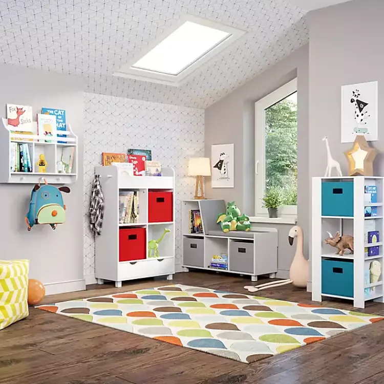 Kirklands Home Storage Cabinet Bookshelf with 2 Navy Bins White Outlet