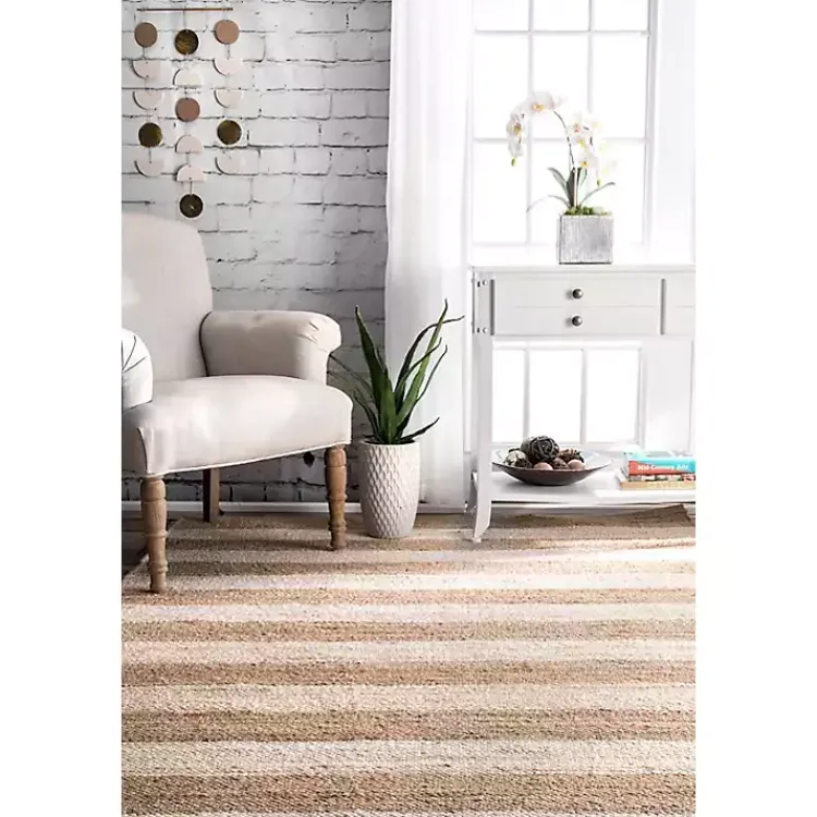 Kirklands Home White Stripe Jute Area Rug, 5x8 New