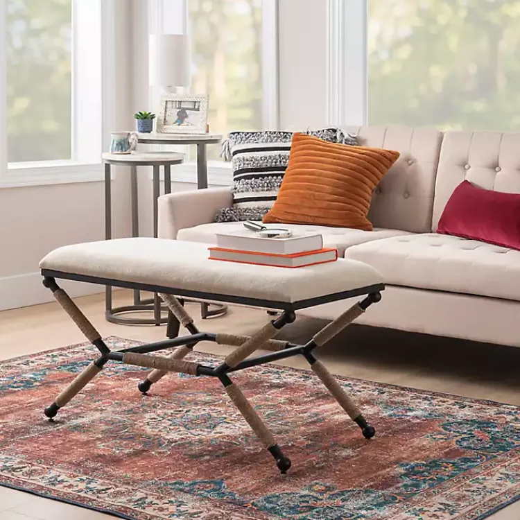 Kirklands Home White Upholstered and Wrapped Rope Metal Bench Online