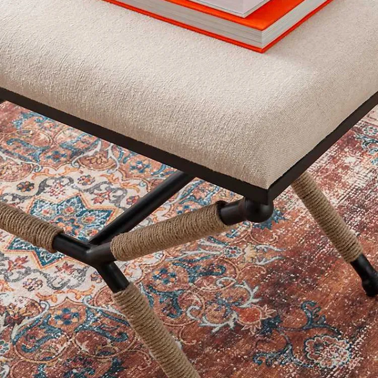 Kirklands Home White Upholstered and Wrapped Rope Metal Bench Online