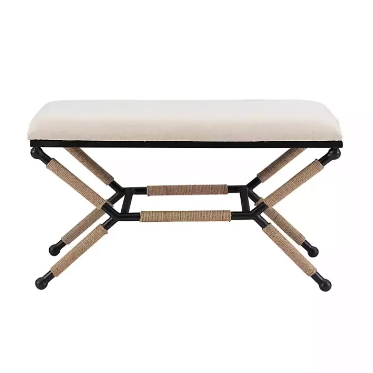 Kirklands Home White Upholstered and Wrapped Rope Metal Bench Online