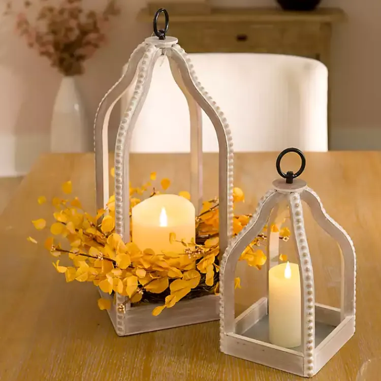 Lanterns>Kirklands Home Washed Beaded Open Lantern, 14 in. White