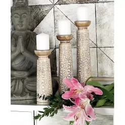 Candle Holders>Kirklands Home White Washed Floral Wood Candle Holders, Set of 3