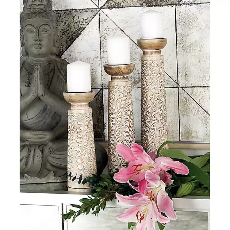 Candle Holders>Kirklands Home White Washed Floral Wood Candle Holders, Set of 3
