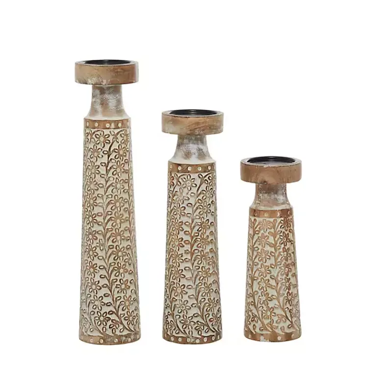 Candle Holders>Kirklands Home White Washed Floral Wood Candle Holders, Set of 3