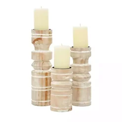 Candle Holders>Kirklands Home White Washed Wood Column Candle Holders, Set of 3