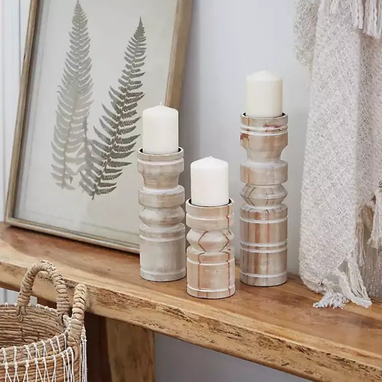 Candle Holders>Kirklands Home White Washed Wood Column Candle Holders, Set of 3