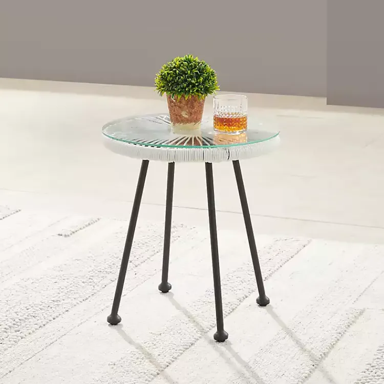Kirklands Home Wicker and Glass Top Outdoor Side Table White Outlet