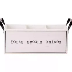 Kirklands Home Wood and Black Metal Handles Utensil Caddy White
