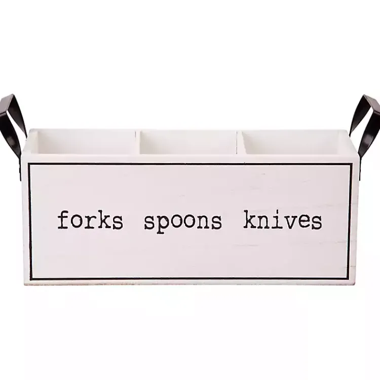Kirklands Home Wood and Black Metal Handles Utensil Caddy White