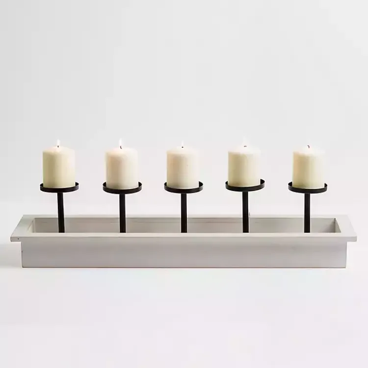 Candle Holders>Kirklands Home White Wood and Metal Pillar Candle Runner