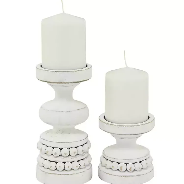 Candle Holders>Kirklands Home Wood Beaded Pillar Candle Holders, Set of 2 White