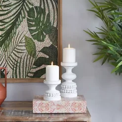 Candle Holders>Kirklands Home Wood Beaded Pillar Candle Holders, Set of 2 White