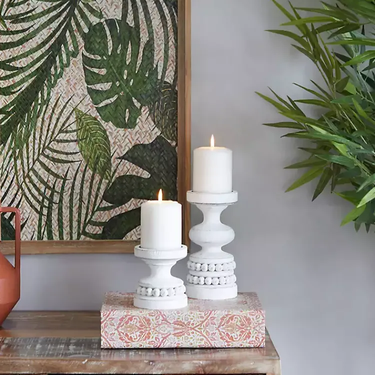 Candle Holders>Kirklands Home Wood Beaded Pillar Candle Holders, Set of 2 White