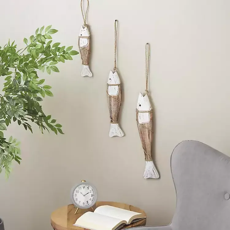 Kirklands Home White Wood Fish Hanging Wall Plaques, Set of 3 Hot