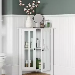 Kirklands Home Wood Two Pane Glass Doors Corner Cabinet White Clearance