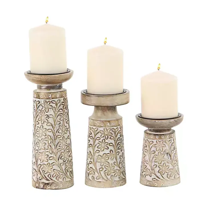 Candle Holders>Kirklands Home Whitewash Floral Mango Candlesticks, Set of 3