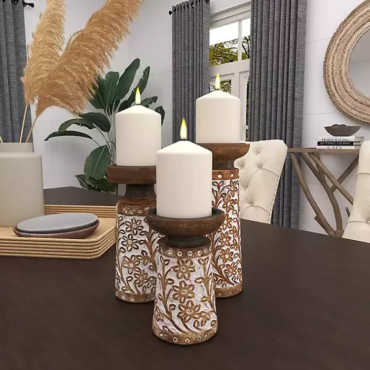 Candle Holders>Kirklands Home Whitewash Floral Mango Candlesticks, Set of 3