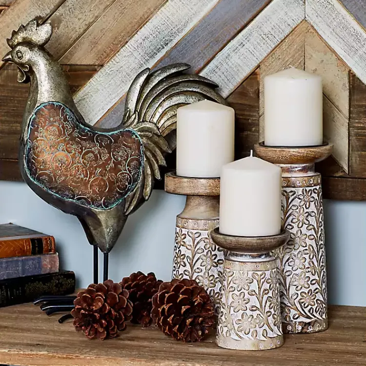 Candle Holders>Kirklands Home Whitewash Floral Mango Candlesticks, Set of 3