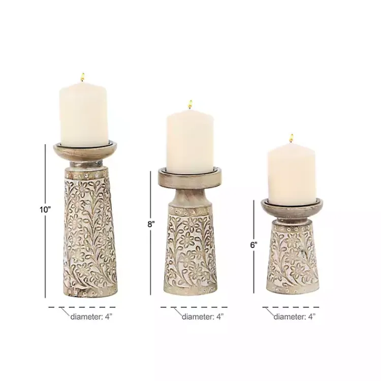 Candle Holders>Kirklands Home Whitewash Floral Mango Candlesticks, Set of 3