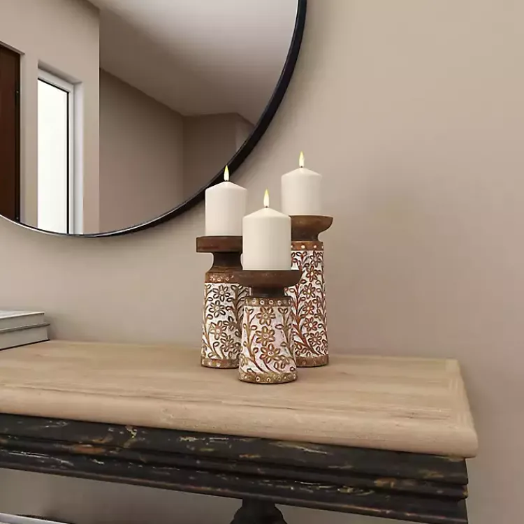 Candle Holders>Kirklands Home Whitewash Floral Mango Candlesticks, Set of 3