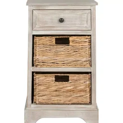 Kirklands Home Whitewashed Brown Wood Side Table with Baskets New
