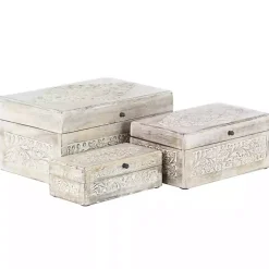 Baskets & Boxes>Kirklands Home washed Floral Carved Wood Boxes, Set of 3 White