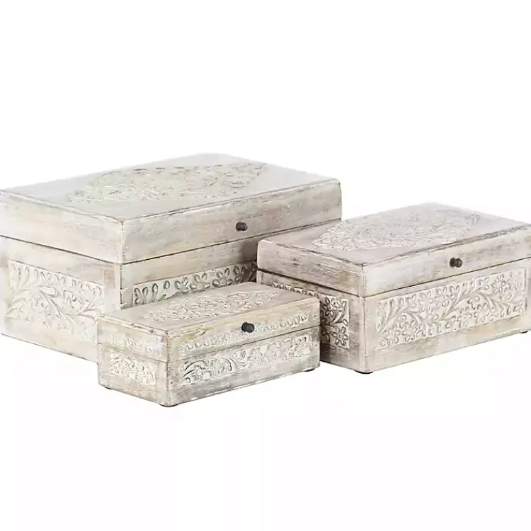 Baskets & Boxes>Kirklands Home washed Floral Carved Wood Boxes, Set of 3 White