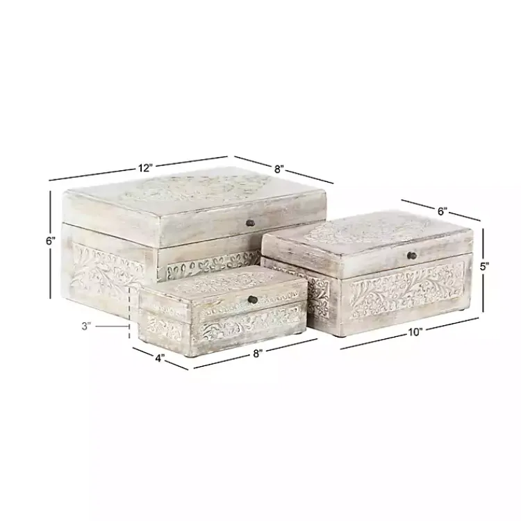 Baskets & Boxes>Kirklands Home washed Floral Carved Wood Boxes, Set of 3 White