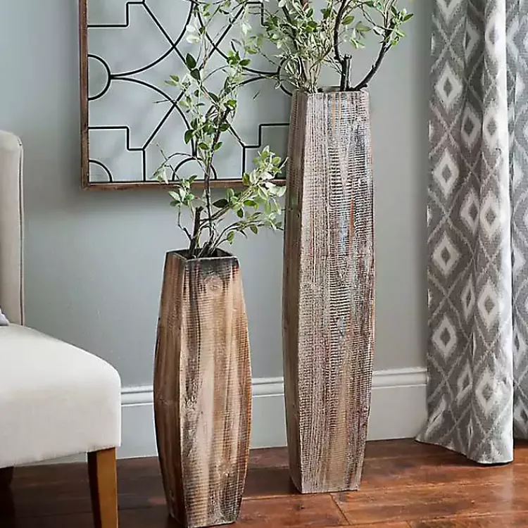 Vases>Kirklands Home Whitewashed Oblong Wooden Vases, Set of 2 Brown