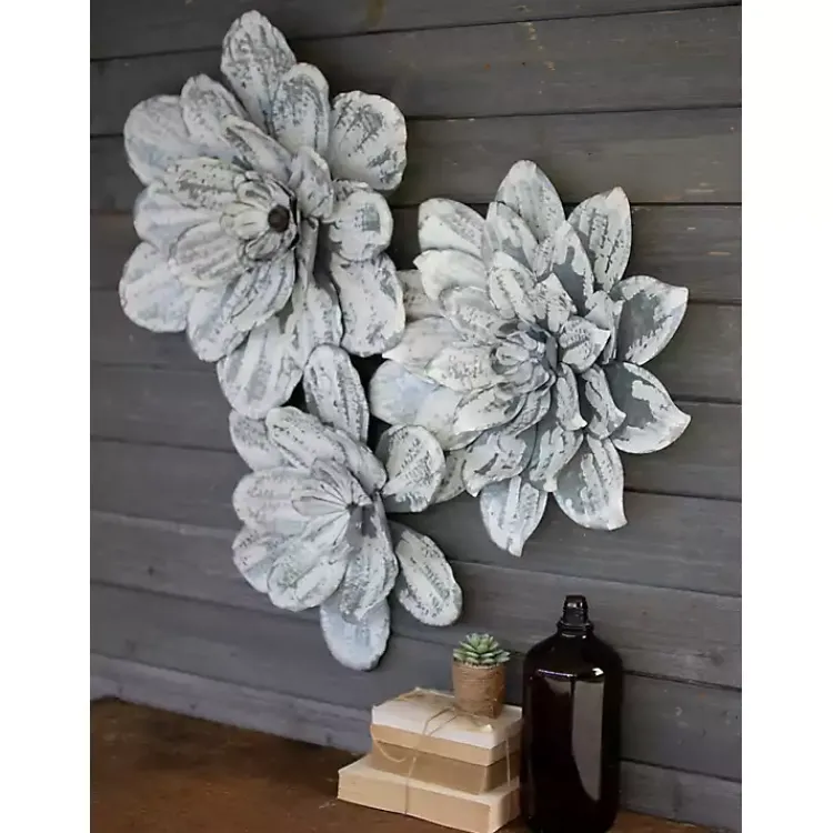 Kirklands Home washed Wall Flower Sculptures, Set of 3 White New