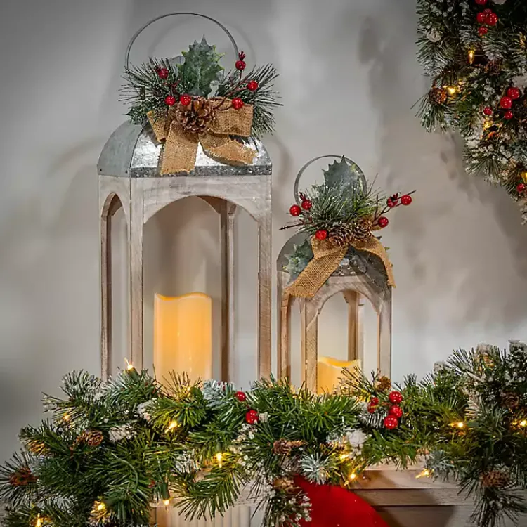 Christmas Decorations>Kirklands Home washed Winter Burlap LED Lanterns, Set of 2 White