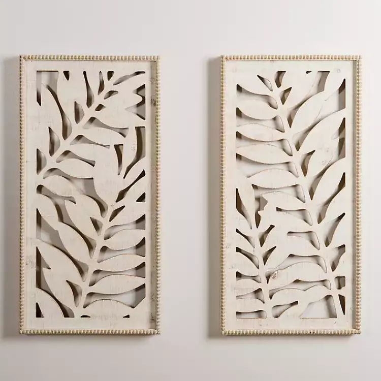 Kirklands Home washed Wood Fern Wall Plaques, Set of 2 White Outlet