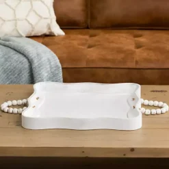 Decorative Trays>Kirklands Home washed Wood Tray with Beaded Handles White