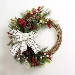 Christmas Wreaths>Kirklands Home Windowpane Plaid Berry Bow Wreath