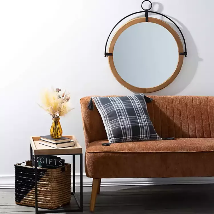 Kirklands Home Wood and Black Metal Modern Round Wall Mirror Best