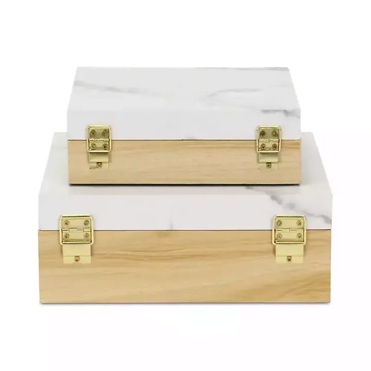 Baskets & Boxes>Kirklands Home Wood and Faux Marble Square Boxes, Set of 2